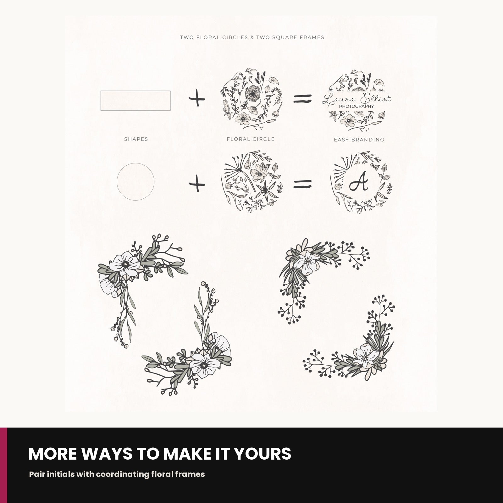 Floral monogram initials paired with decorative frames