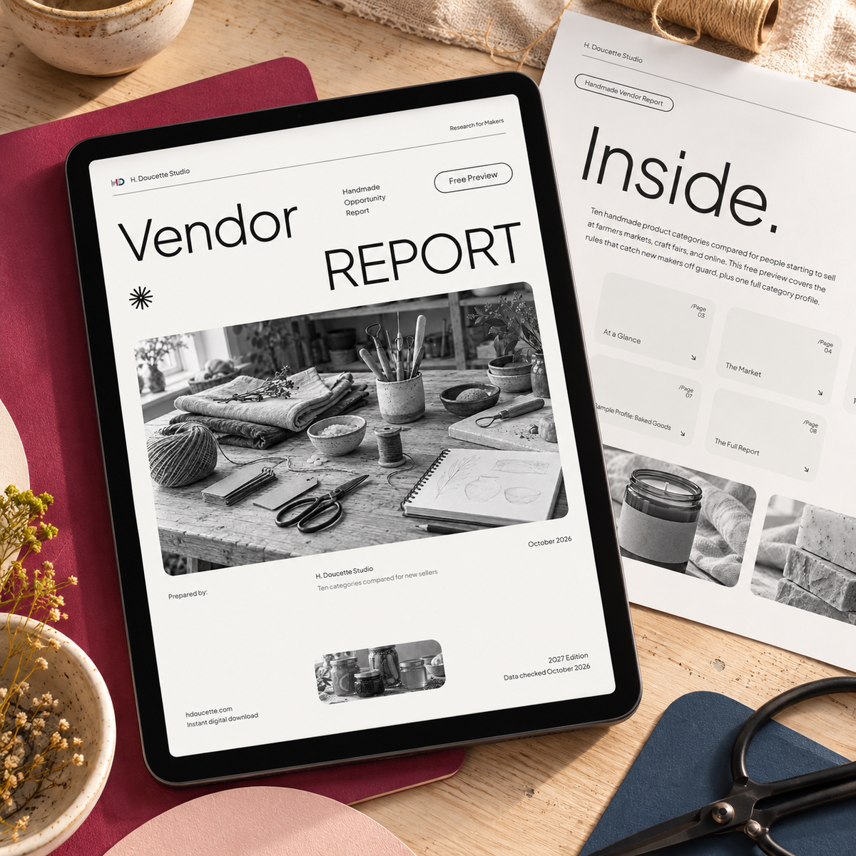 Inside the free handmade vendor report preview: contents page and cover