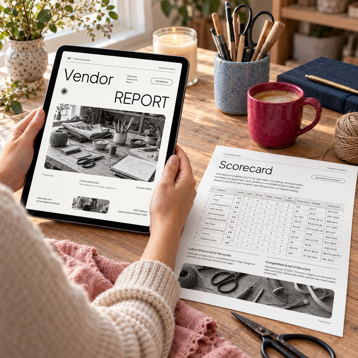 Maker reading the Handmade Vendor Opportunity Report on a tablet with the printed scorecard