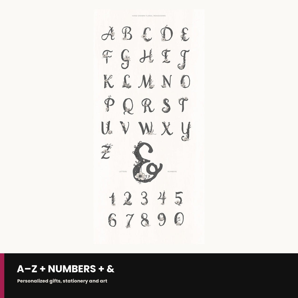 Sample of the hand-drawn floral monogram alphabet letters included in the bundle