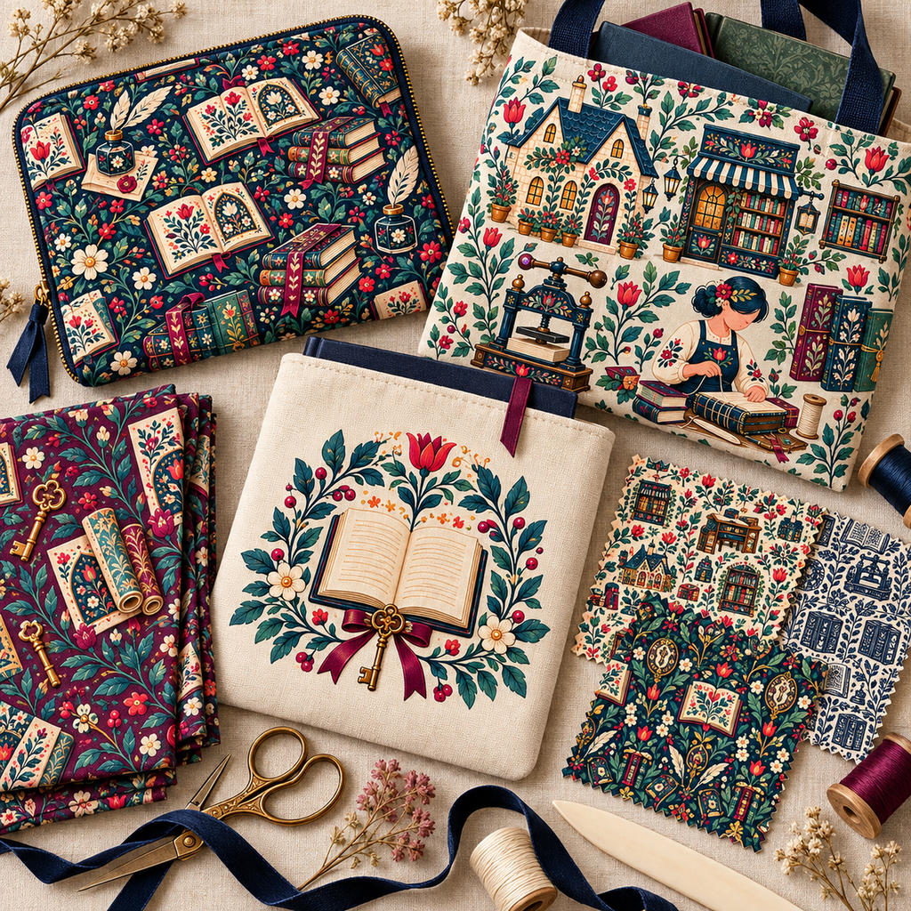 Folk bookbinder patterns and illustrations on book cloth, sewn folios, totes, and fabric swatches