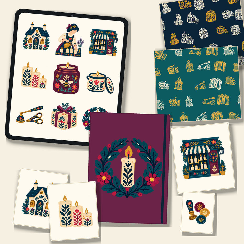 Folk Candle Maker's Cottage & Village Chandlery Clipart & Seamless Pattern Bundle - 40 Transparent PNGs + 6 Digital Papers