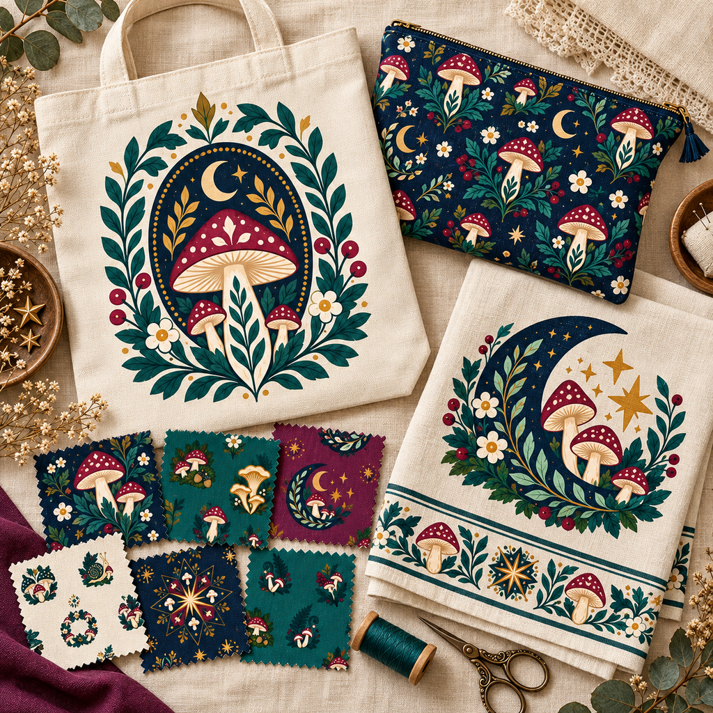Enchanted Mushroom Grove Clipart & Seamless Pattern Bundle - 40 Transparent PNGs + 6 Digital Papers