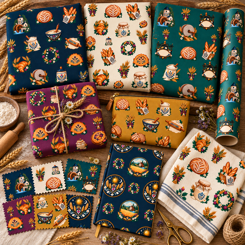 Six coordinated baker's cottage and flour mill patterns shown across fabric, gift wrap, packaging, and stationery applications.