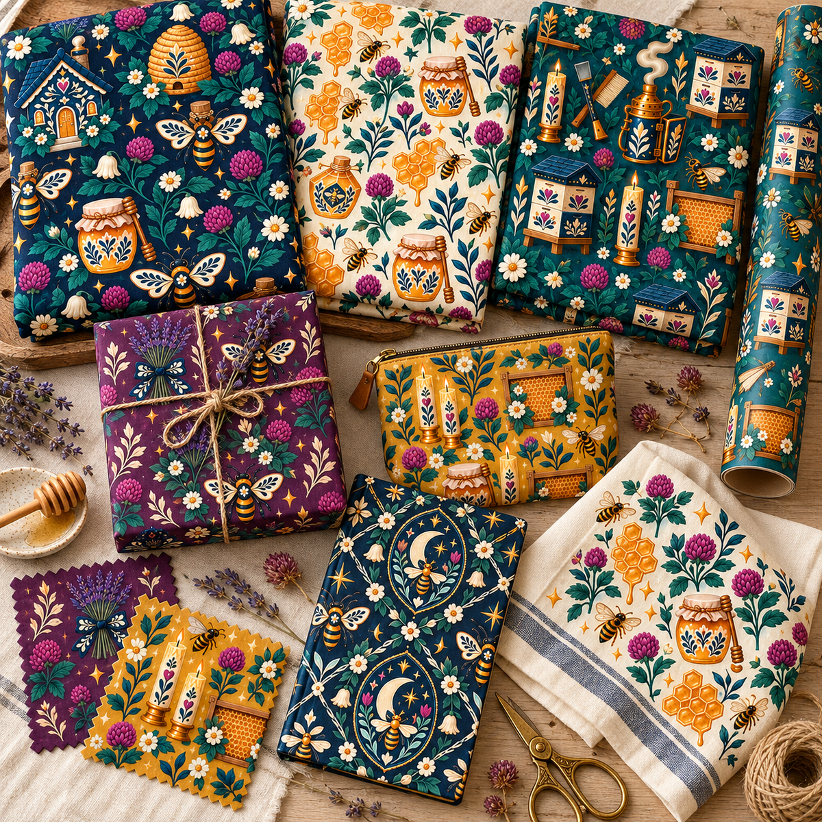 Six coordinated beekeeper's cottage and honey house patterns shown across fabric, gift wrap, packaging, and stationery uses.