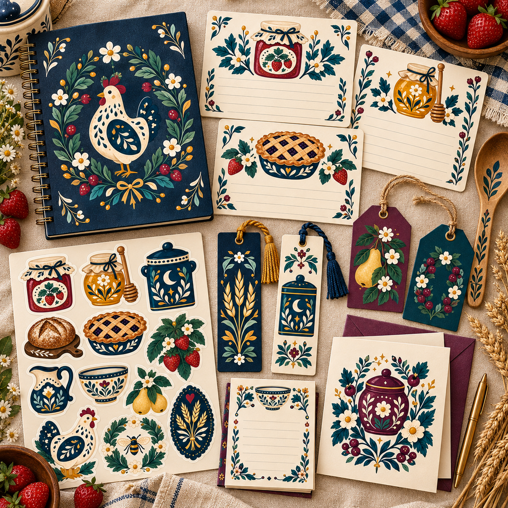 Folk Cottage Kitchen & Pantry Clipart & Seamless Pattern Bundle - 40 Transparent PNGs + 6 Digital Papers