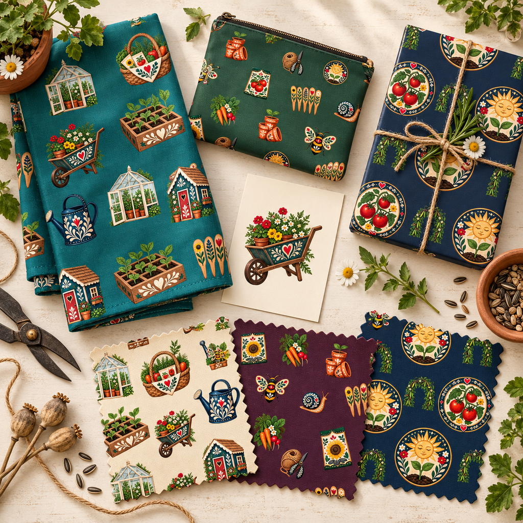 Folk Garden Seed Shop & Potting Shed folk-art graphics shown on coordinated stationery, textiles, crafting, or maker-focused products.