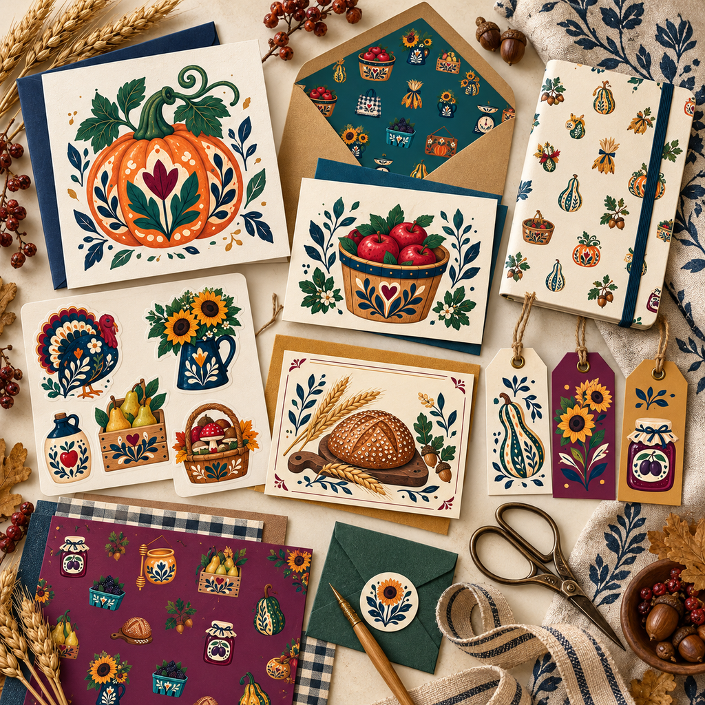 Folk Harvest Market & Farmstand folk-art graphics shown on coordinated stationery, textiles, crafting, or maker-focused products.