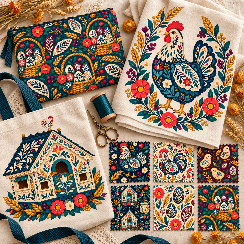 Folk Henhouse illustrations and patterns shown on a tote, tea towel, zipper pouch, and fabric swatches for sewing and textile projects.
