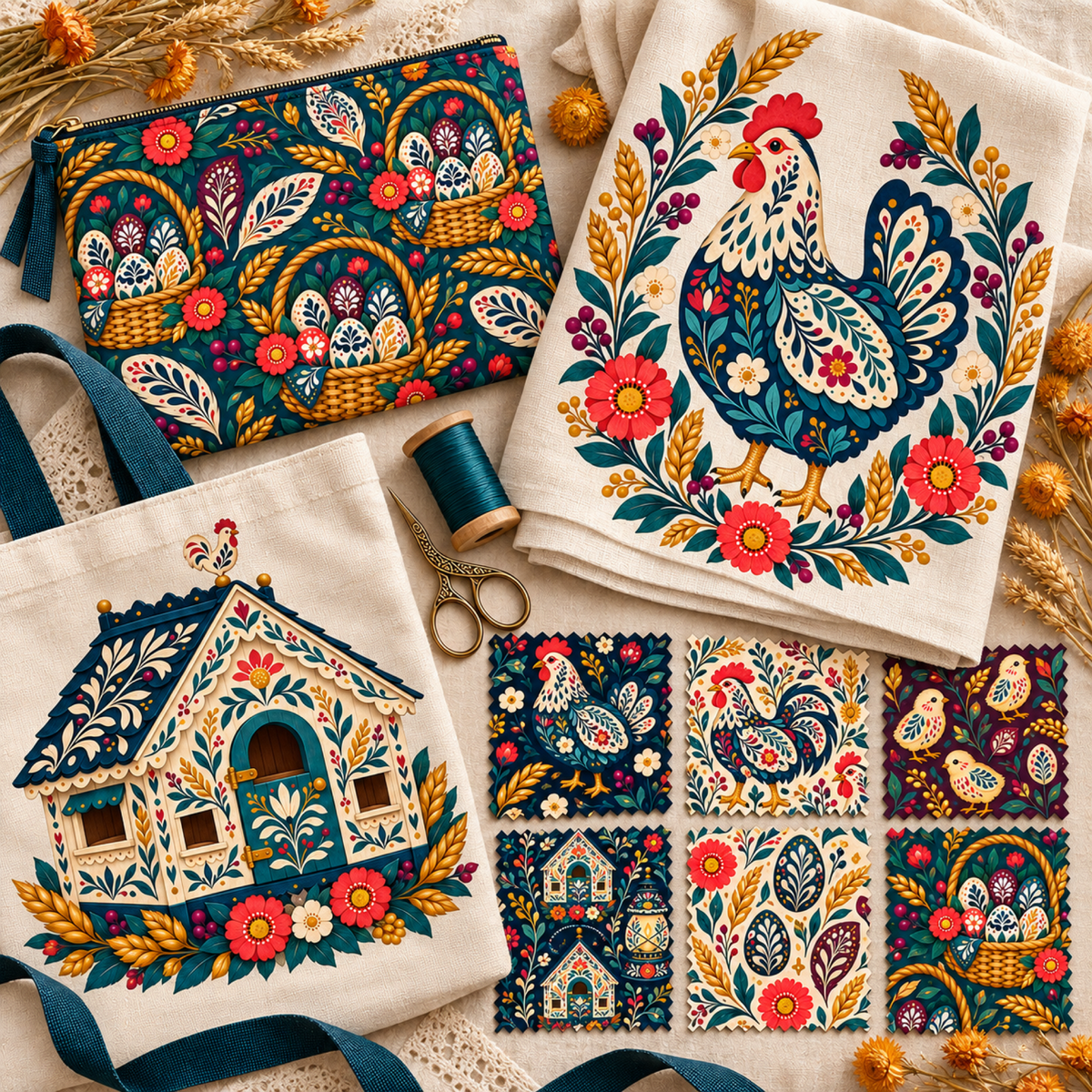 Folk Henhouse illustrations and patterns shown on a tote, tea towel, zipper pouch, and fabric swatches for sewing and textile projects.