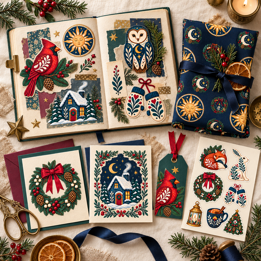 Folk Winter Solstice & Evergreen Market Clipart Bundle - 40 Transparent PNGs + 6 Seamless Patterns