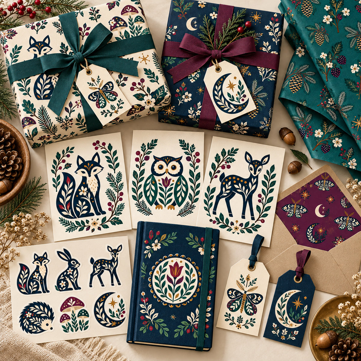 Coordinated forest illustrations and patterns used on gift packaging, stationery, tags, cards, and boutique branding materials.