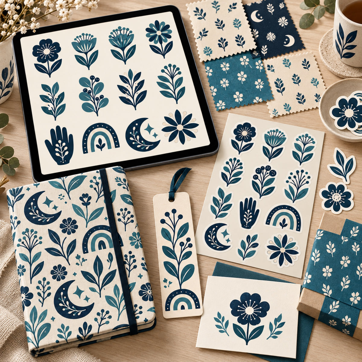 Midnight Meadow graphics used on a tablet, sticker sheet, planner, bookmark, card, packaging, and printed swatches.