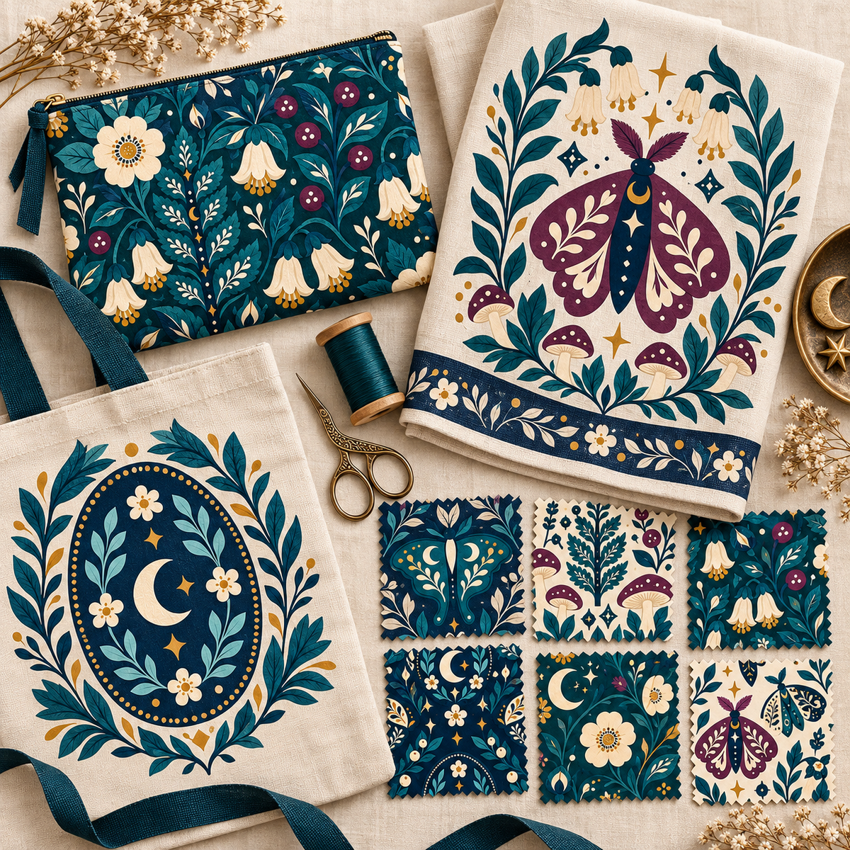 Moonlit Moth Garden Clipart & Seamless Pattern Bundle - 40 Transparent PNGs + 6 Digital Papers