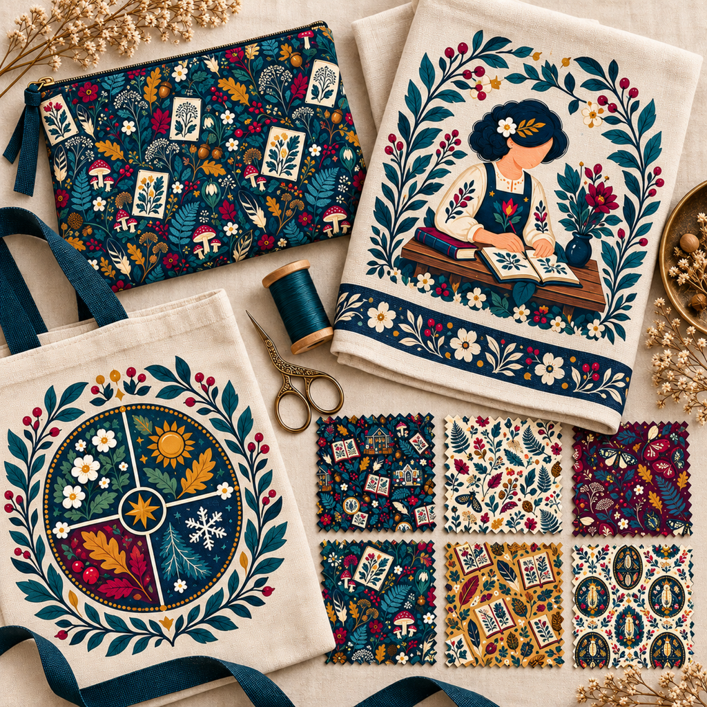 Naturalist illustrations and all six patterns shown on a zipper pouch, tea towel, tote bag, and fabric swatches.