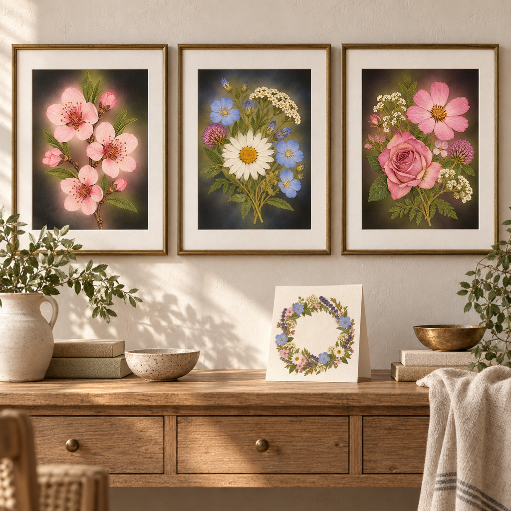 Three framed pressed botanical art prints displayed above a wooden console in a warm, sunlit room.