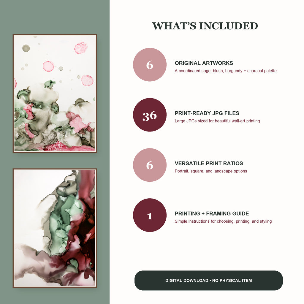 Product contents overview showing six artworks, thirty-six JPGs, six ratios, and a printing guide.