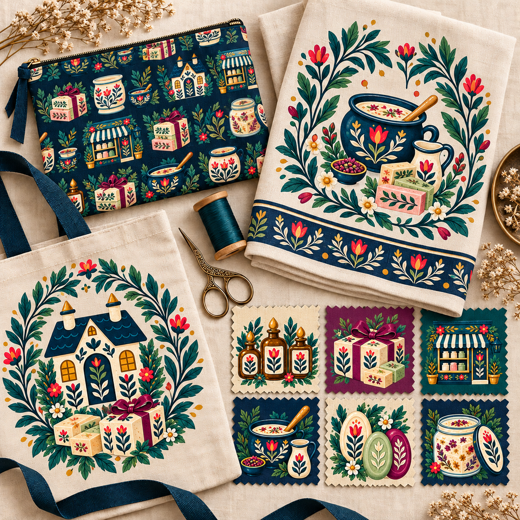Folk soapmaker artwork on textiles, sewing projects, and fabric swatches