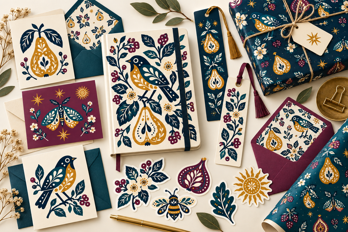 Coordinated folk-art birds, fruit, blossoms, moths, and bees used on notebooks, cards, envelopes, bookmarks, gift wrap, and die-cut motifs.