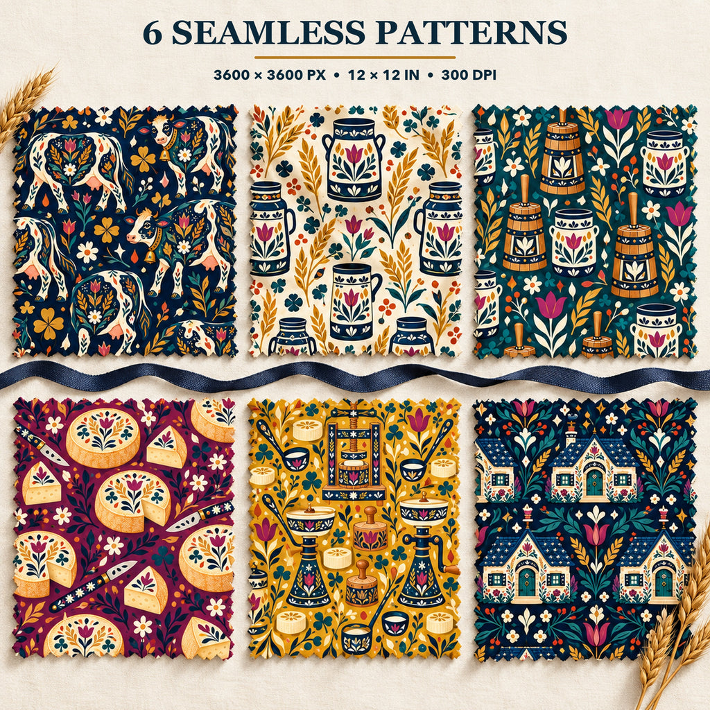 Folk Dairy Farm & Village Creamery Clipart Bundle - 40 Transparent PNGs + 6 Seamless Patterns