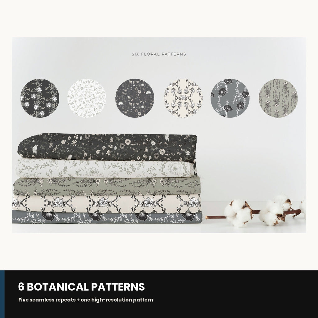 Sample of the seamless botanical repeat patterns included in the bundle