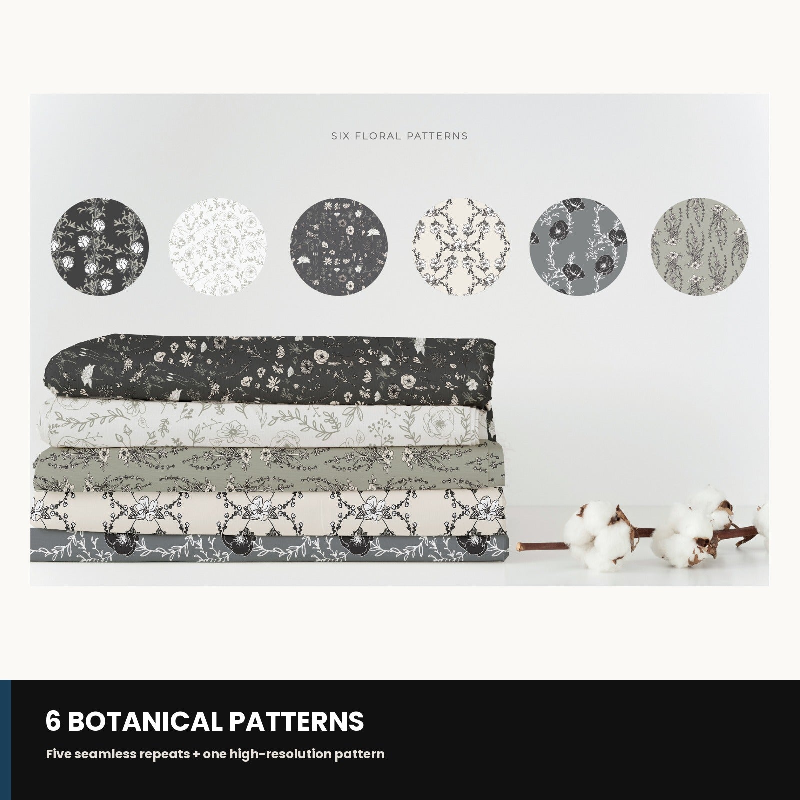 Sample of the seamless botanical repeat patterns included in the bundle