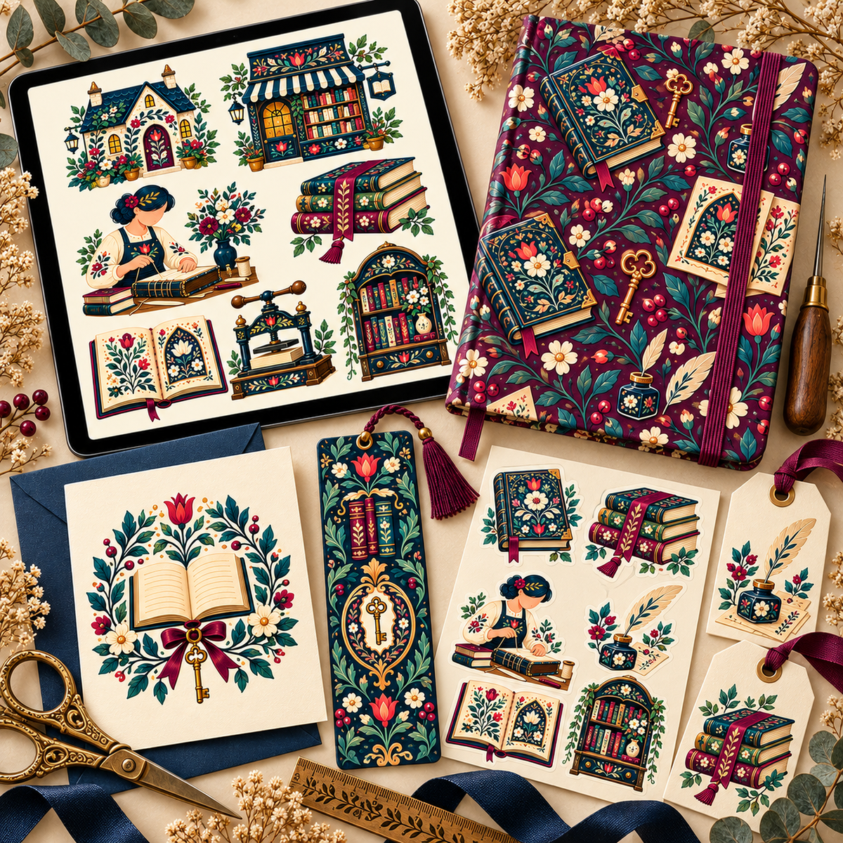 Folk bookbinder clipart used on stationery, stickers, bookmarks, journals, and gift tags