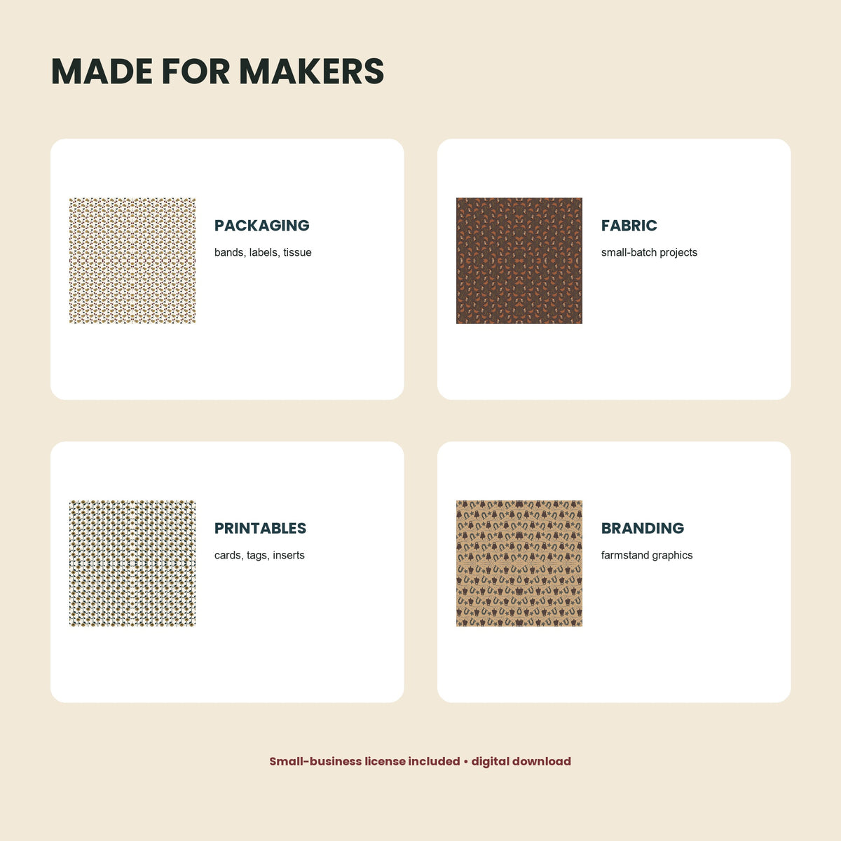 Country patterns suggested for packaging, fabric, printables, and farmstand branding.