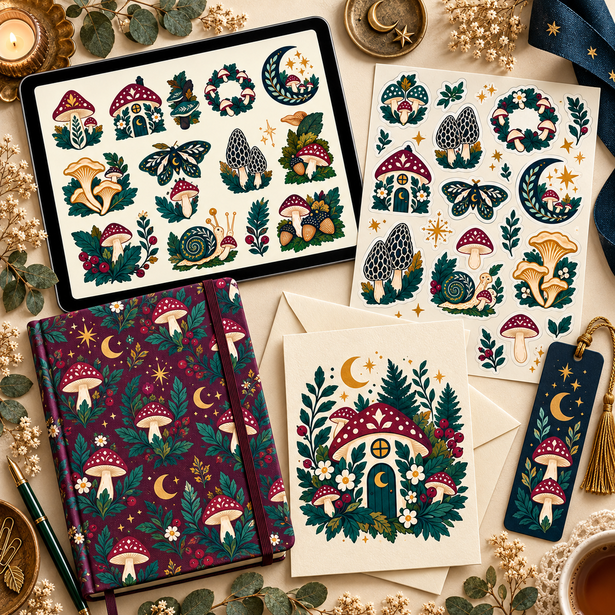 Enchanted Mushroom Grove Clipart & Seamless Pattern Bundle - 40 Transparent PNGs + 6 Digital Papers