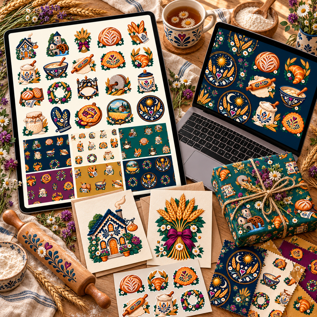 Folk bakery artwork shown in a designer workflow for packaging, stationery, textiles, and digital content.