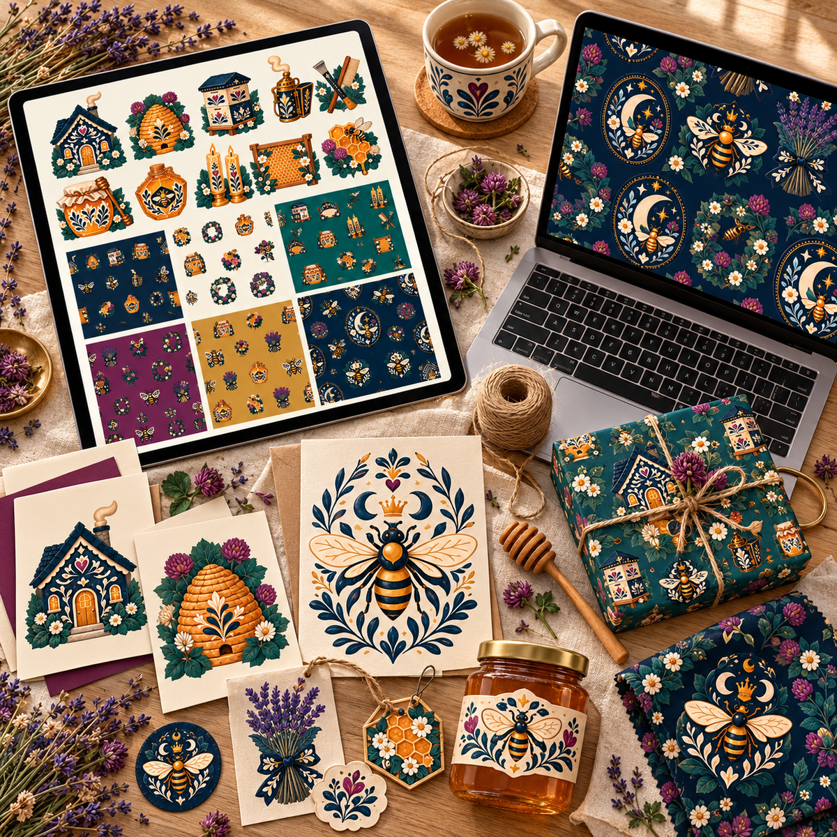 Folk beekeeper artwork shown in a designer workflow for packaging, stationery, textiles, and digital content.