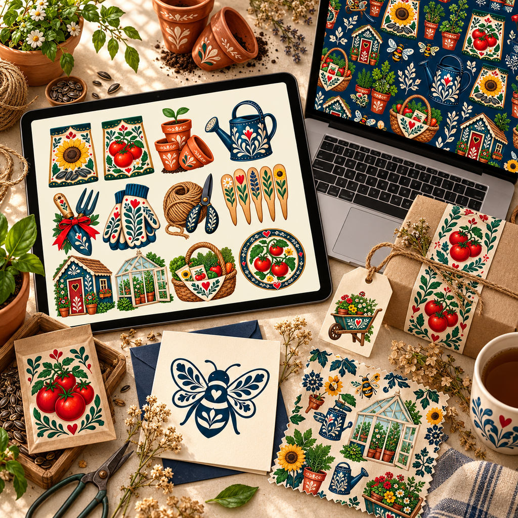 Folk Garden Seed Shop & Potting Shed artwork demonstrated across additional market, home, gift, and creative product applications.
