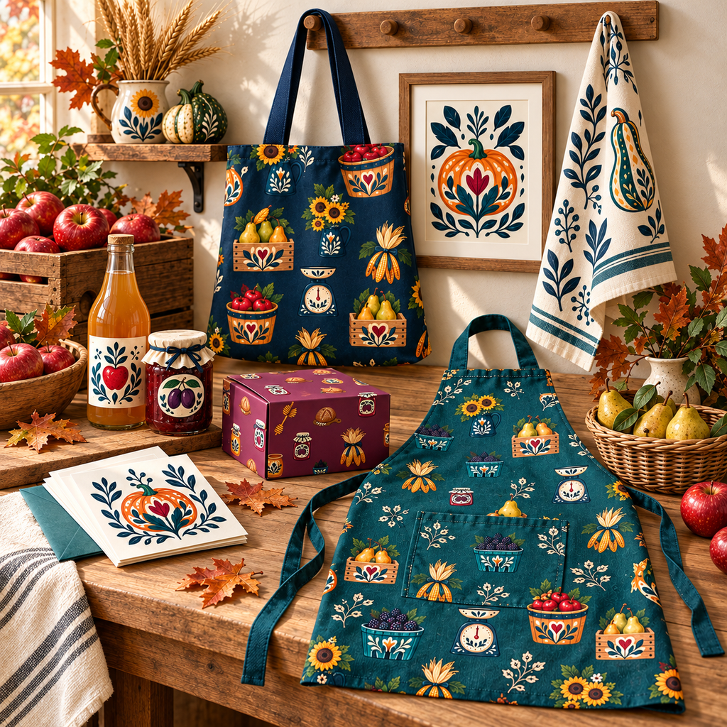 Folk Harvest Market & Farmstand artwork demonstrated across additional market, home, gift, and creative product applications.