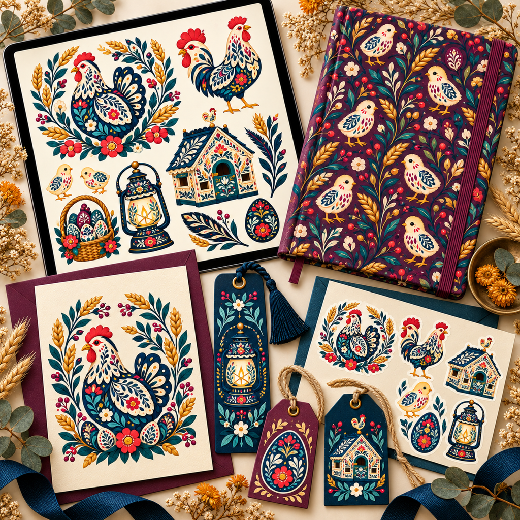 Folk Henhouse clipart displayed on a tablet, greeting card, bookmark, sticker sheet, patterned journal, and maker stationery.