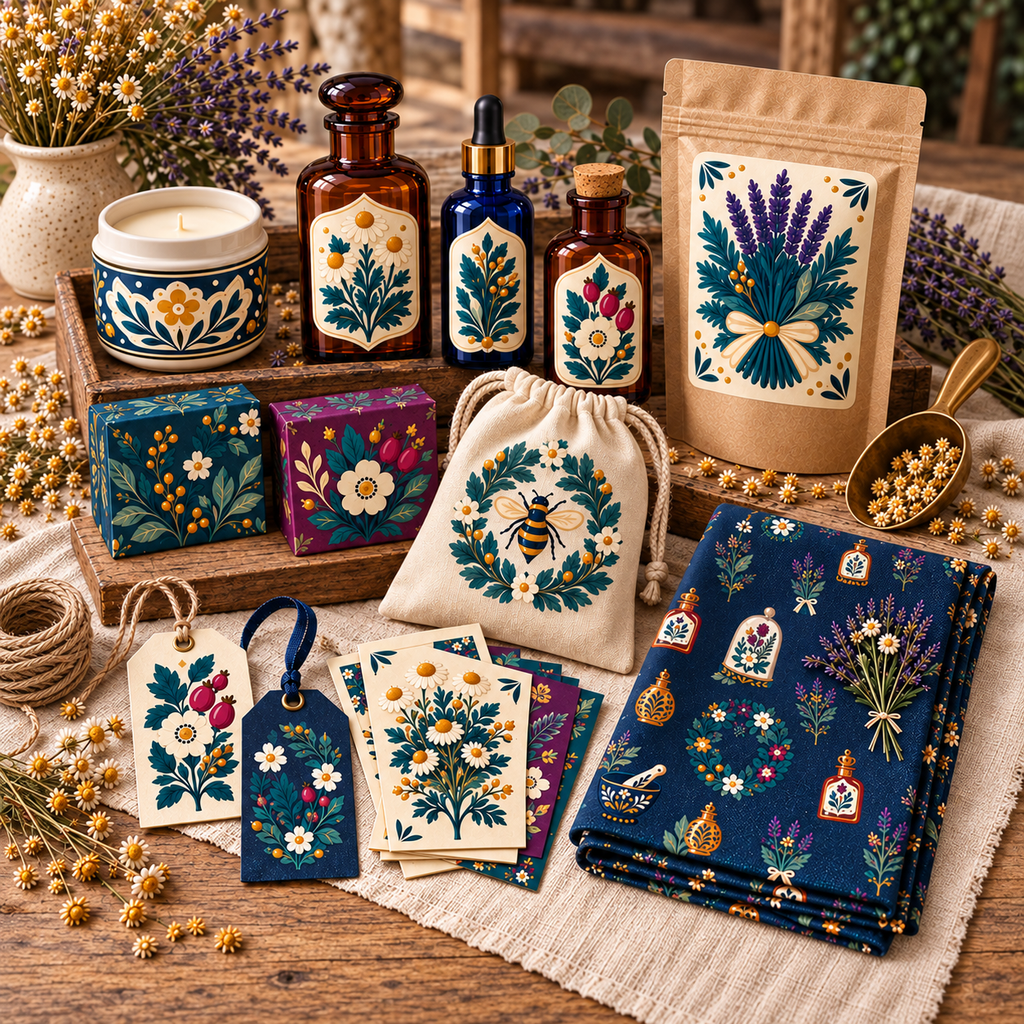 Folk Herbarium & Apothecary Clipart & Seamless Pattern Bundle - 40 Transparent PNGs + 6 Digital Papers