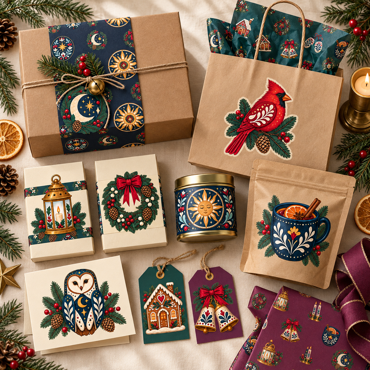 Folk Winter Solstice & Evergreen Market Clipart Bundle - 40 Transparent PNGs + 6 Seamless Patterns