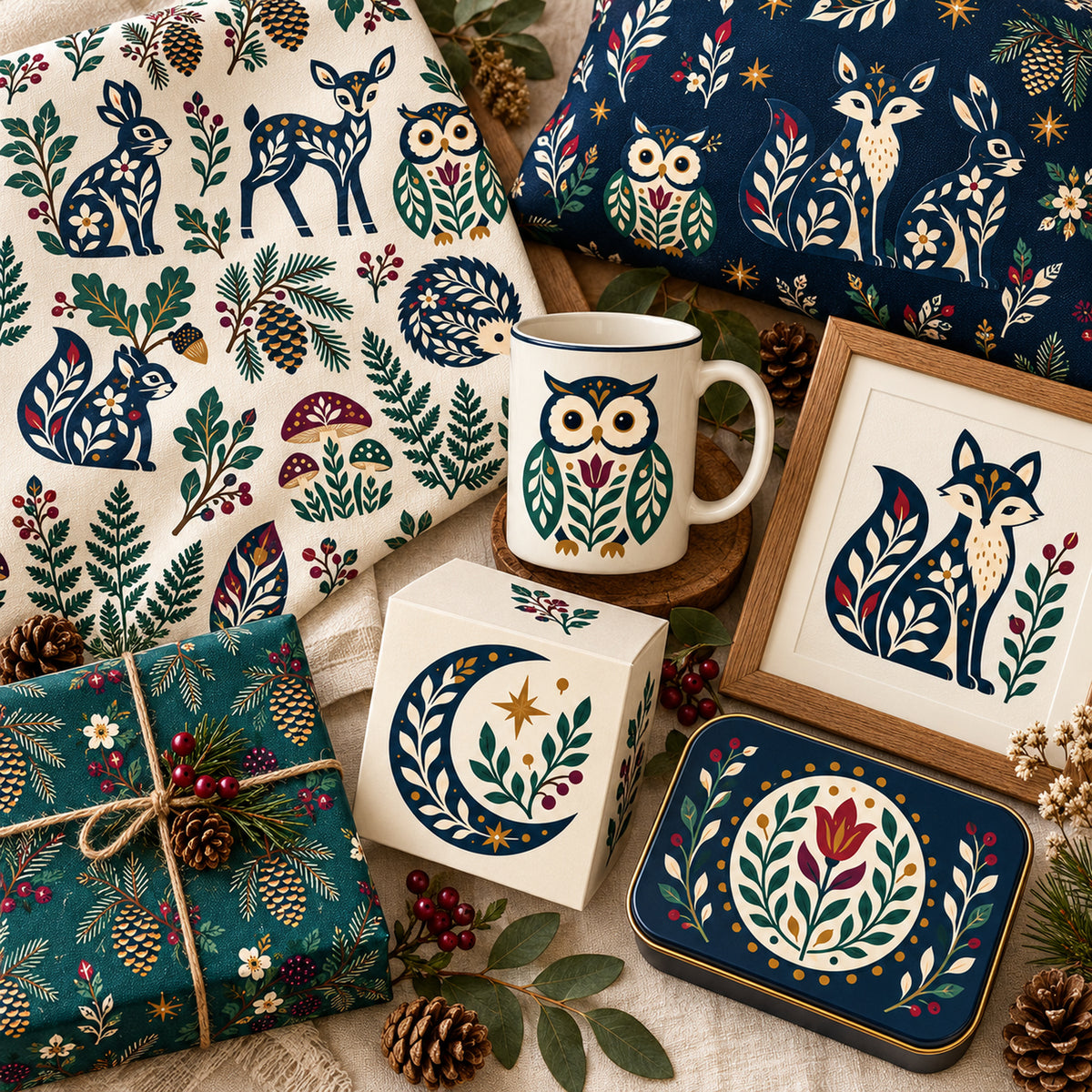 Woodland animal and botanical artwork applied to gifts and home accessories in a warm folk-art styled scene.