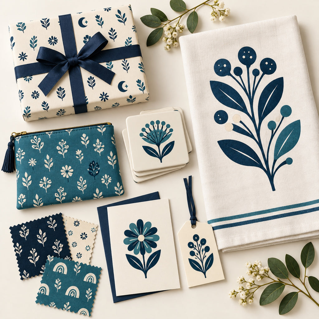 Coordinated gift and home applications including wrapping paper, pouch, coasters, tea towel, card, tag, and swatches.