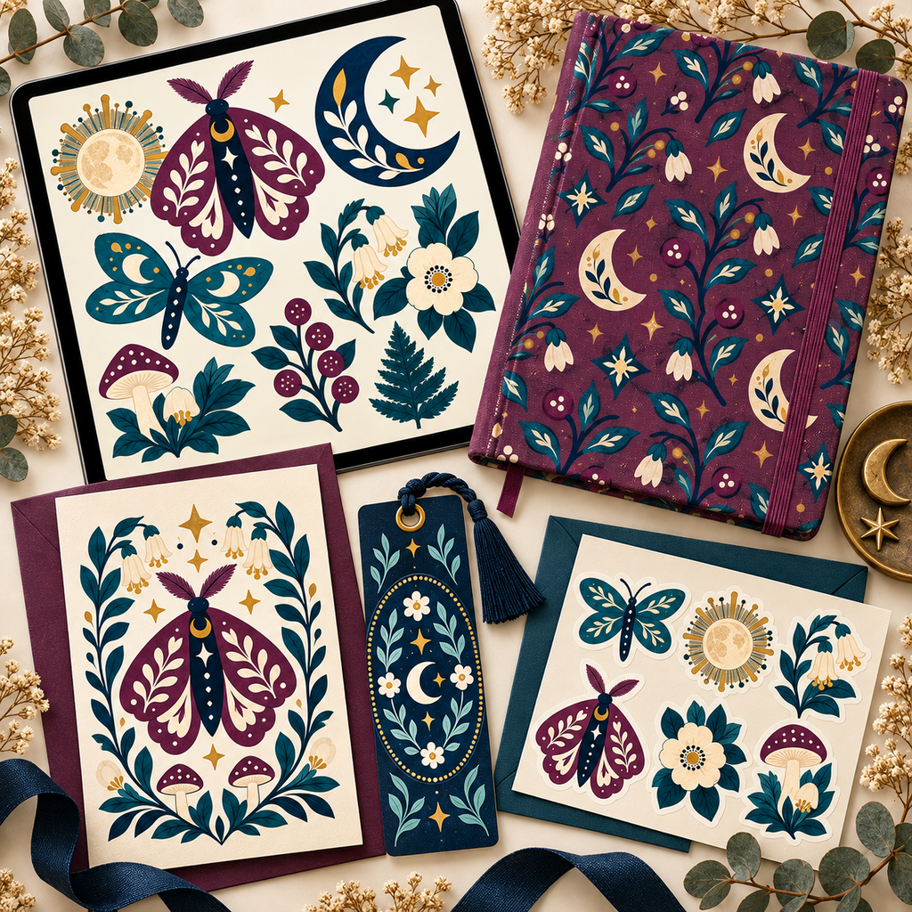 Moonlit Moth Garden Clipart & Seamless Pattern Bundle - 40 Transparent PNGs + 6 Digital Papers