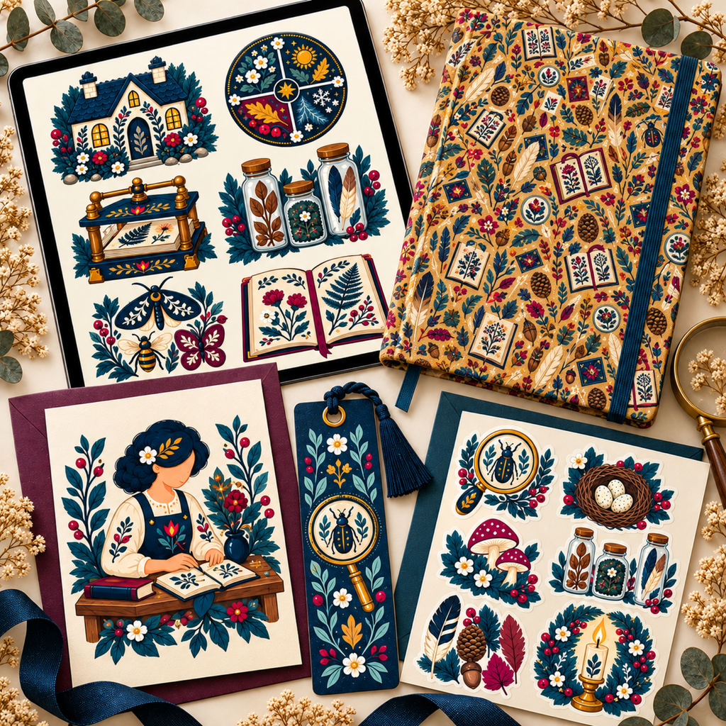 Naturalist clipart displayed on a tablet, greeting card, bookmark, sticker sheet, and patterned journal.
