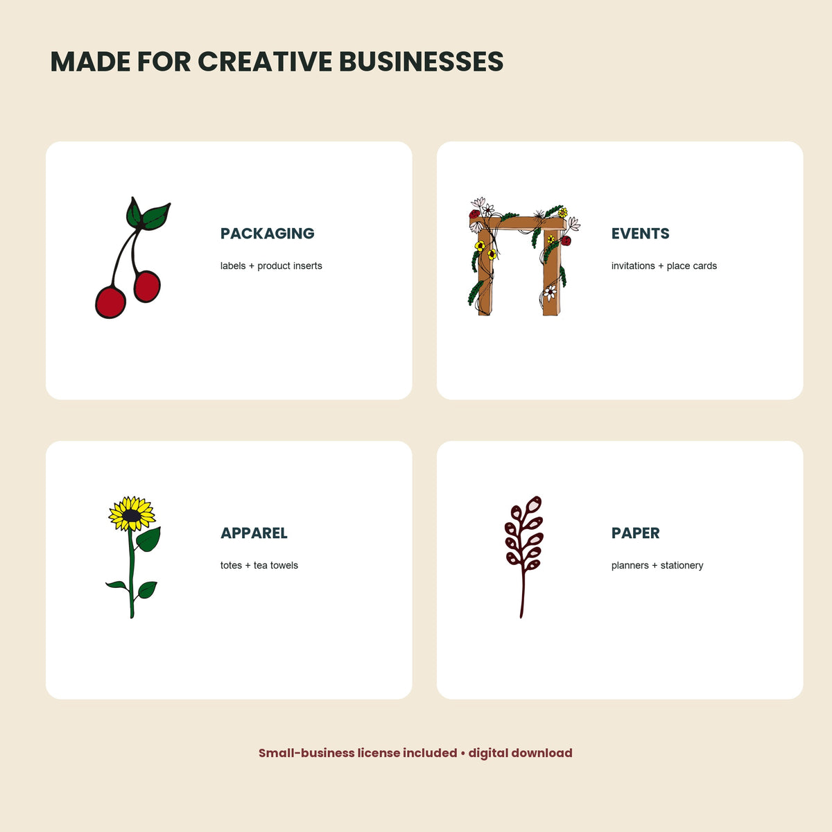 Suggested uses including packaging, events, apparel, and paper goods.