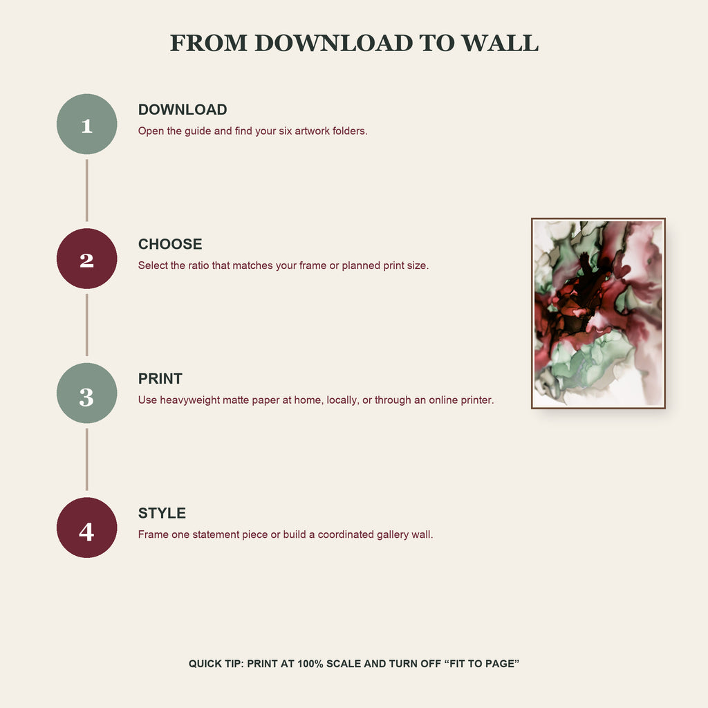 Four-step printable wall art process from digital download to framed home decor.