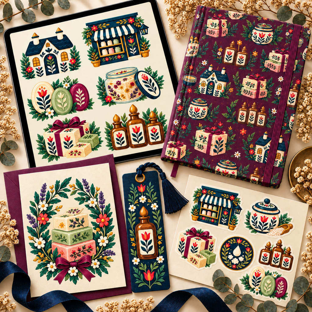 Folk soapmaker clipart used on stationery and maker projects