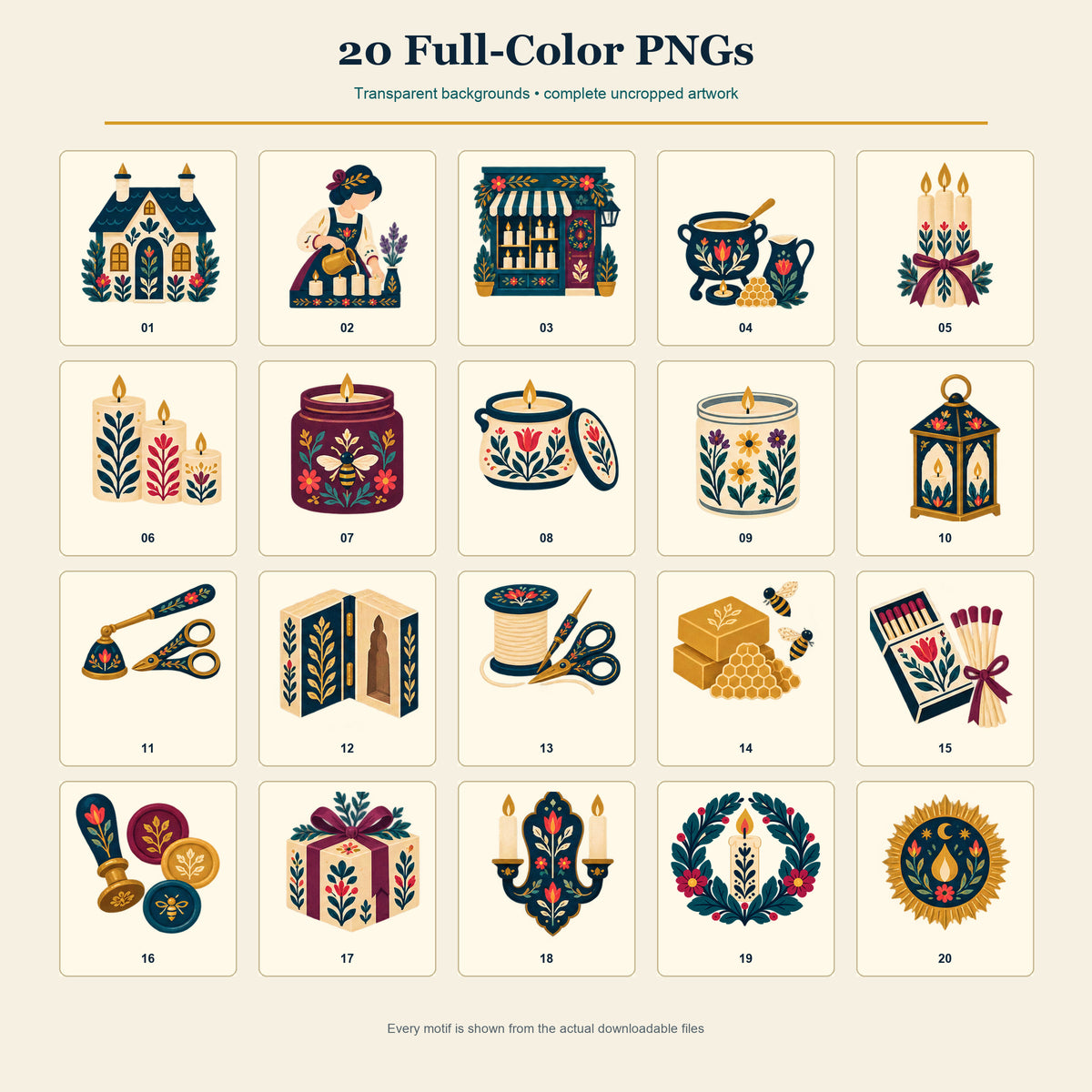 Folk Candle Maker's Cottage & Village Chandlery Clipart & Seamless Pattern Bundle - 40 Transparent PNGs + 6 Digital Papers