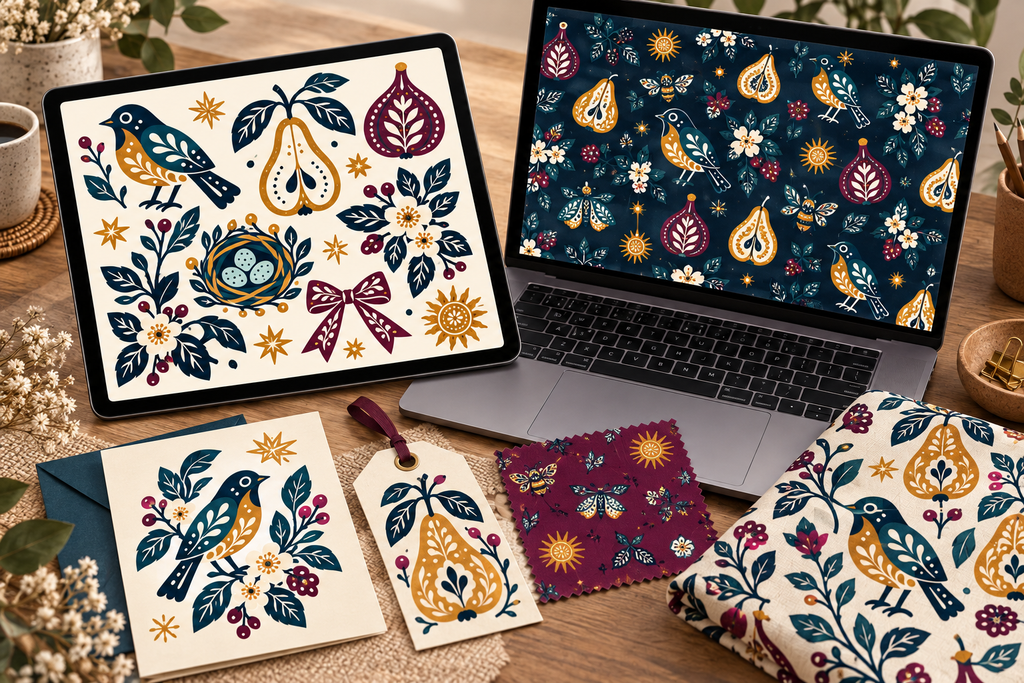 Wild Orchard illustrations displayed on a tablet with a seamless pattern on a laptop and coordinating printed cards, tags, fabric, and swatches.