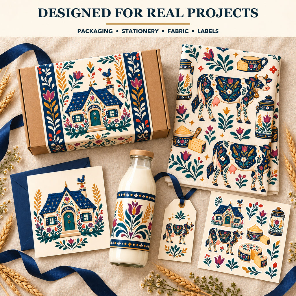 Folk Dairy Farm & Village Creamery Clipart Bundle - 40 Transparent PNGs + 6 Seamless Patterns