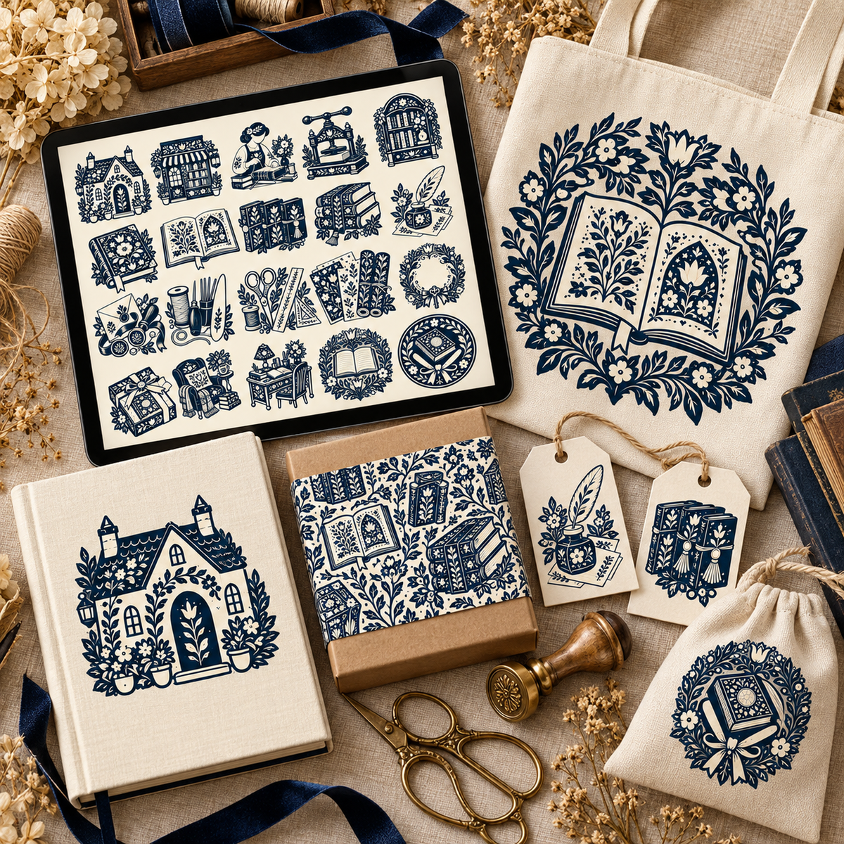 Midnight navy bookbinder illustrations with decorative cream and negative-space cutouts