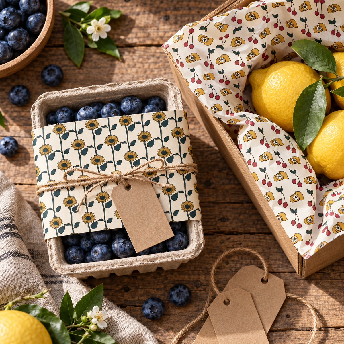 Photorealistic farmstand packaging using actual Country Collection patterns.