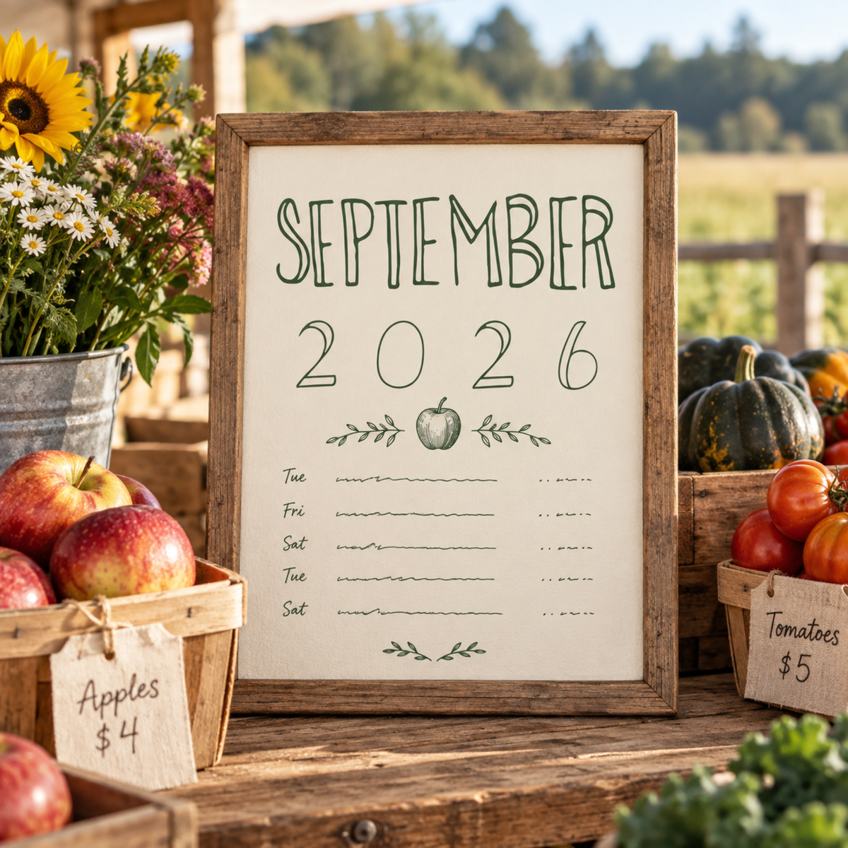 Photorealistic farmstand market schedule using the actual September lettering graphics.
