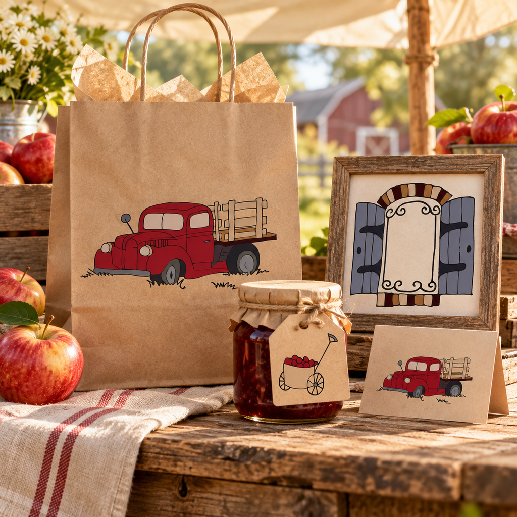 Photorealistic farmstand packaging and market signage using the actual artwork.